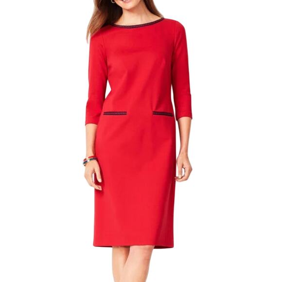 Talbots Red Ponte Knit Navy Embroidered Neck Knee Length Refined Sheath Dress - Picture 1 of 14